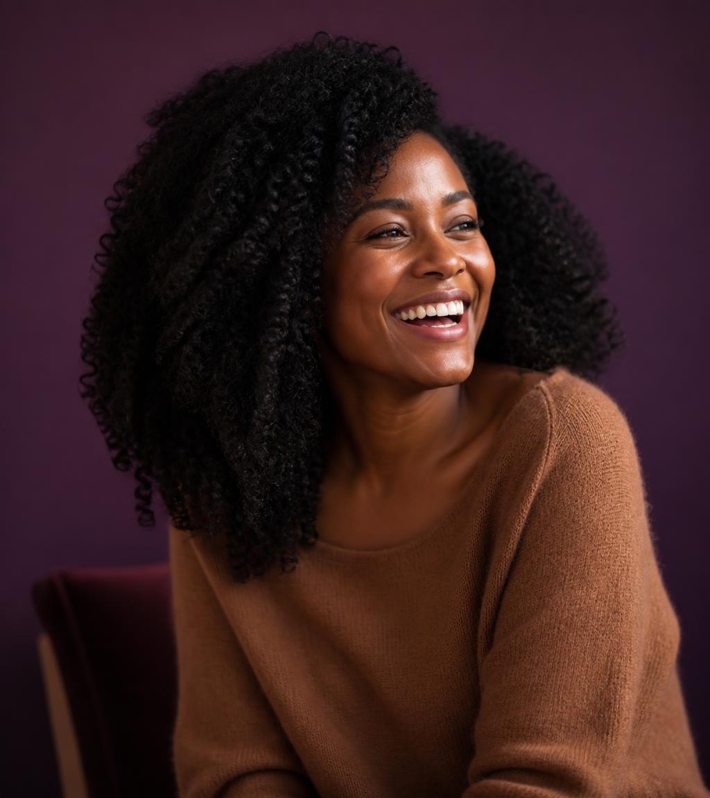 A woman with thick, healthy hair laughing happily